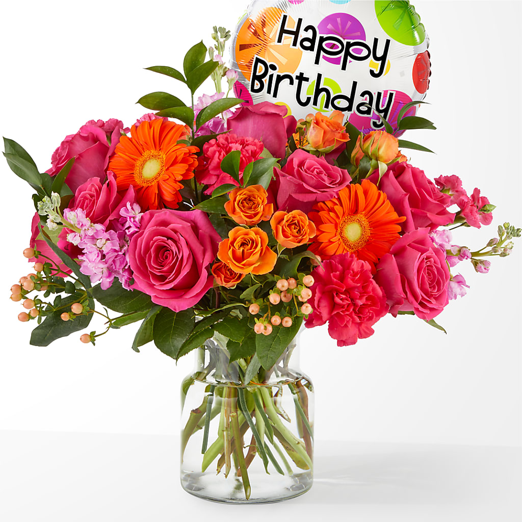 Fiesta Bouquet with Birthday Balloon – PIERSON'S FLOWER SHOP & GREENHOUSES INC, Cedar Rapids IA