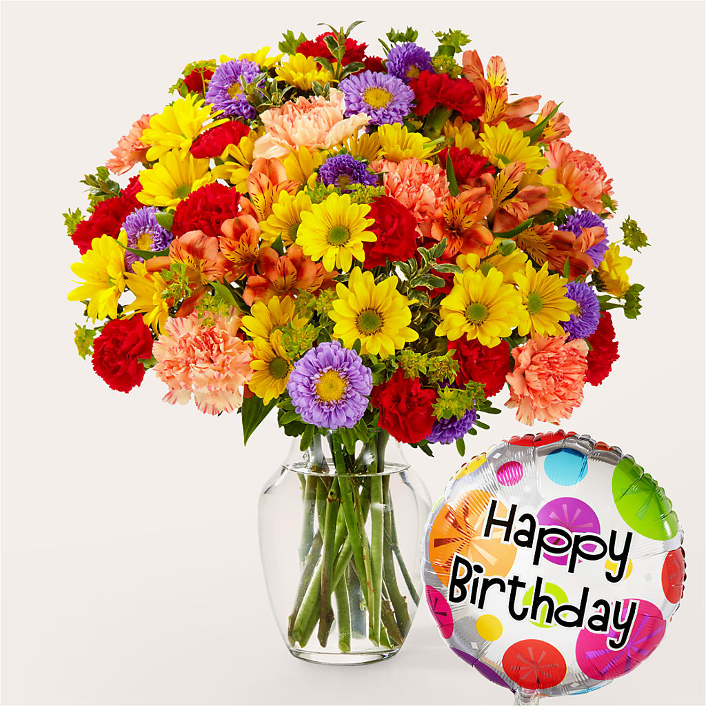 Kaleidoscope Bouquet with Birthday Balloon – PIERSON'S FLOWER SHOP & GREENHOUSES INC, Cedar Rapids IA