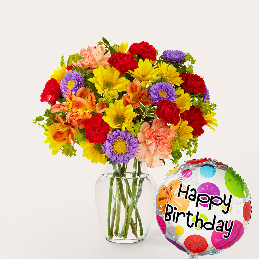 Kaleidoscope Bouquet with Birthday Balloon – PIERSON'S FLOWER SHOP & GREENHOUSES INC, Cedar Rapids IA