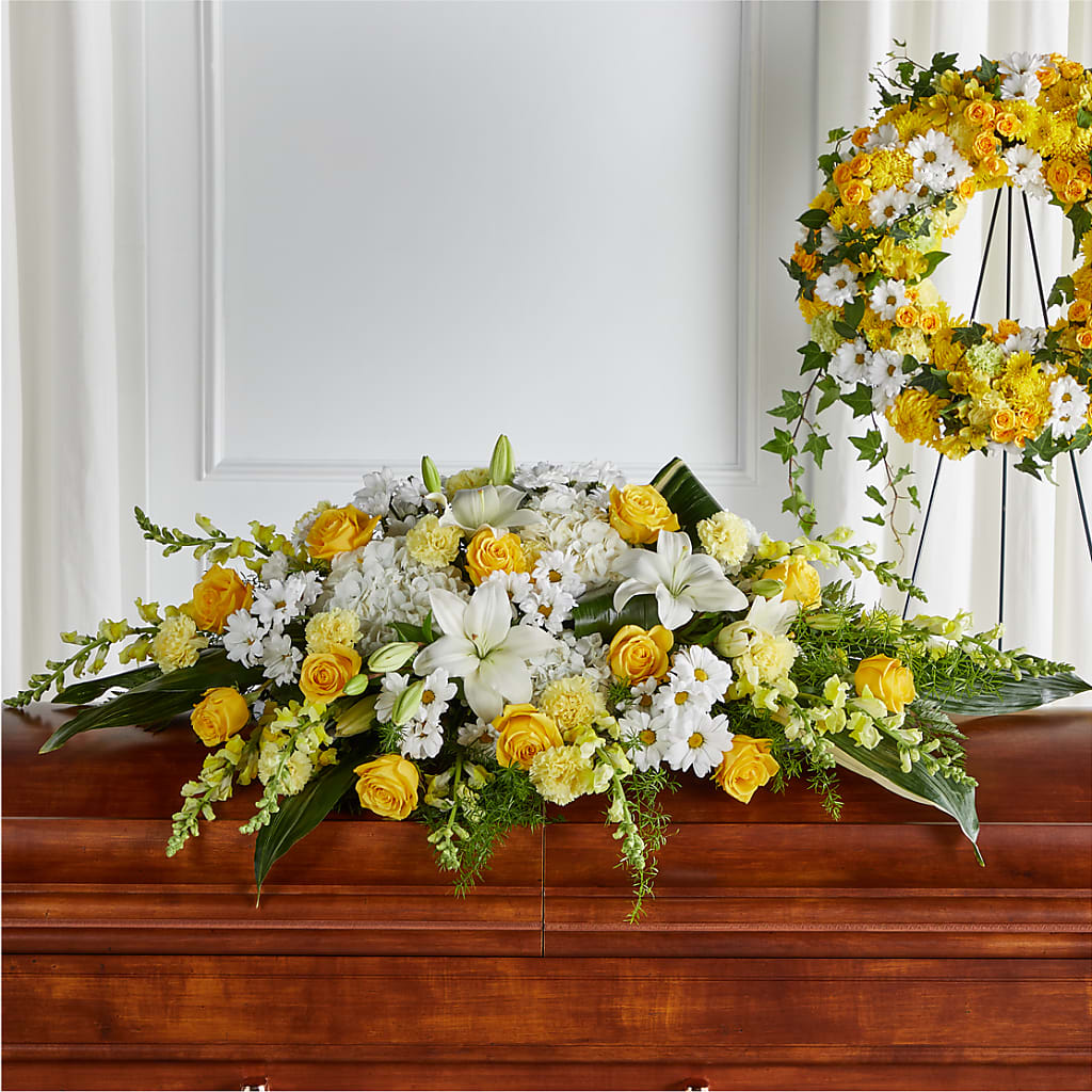 Golden Harmony Casket Spray – PIERSON'S FLOWER SHOP & GREENHOUSES INC, Cedar Rapids IA