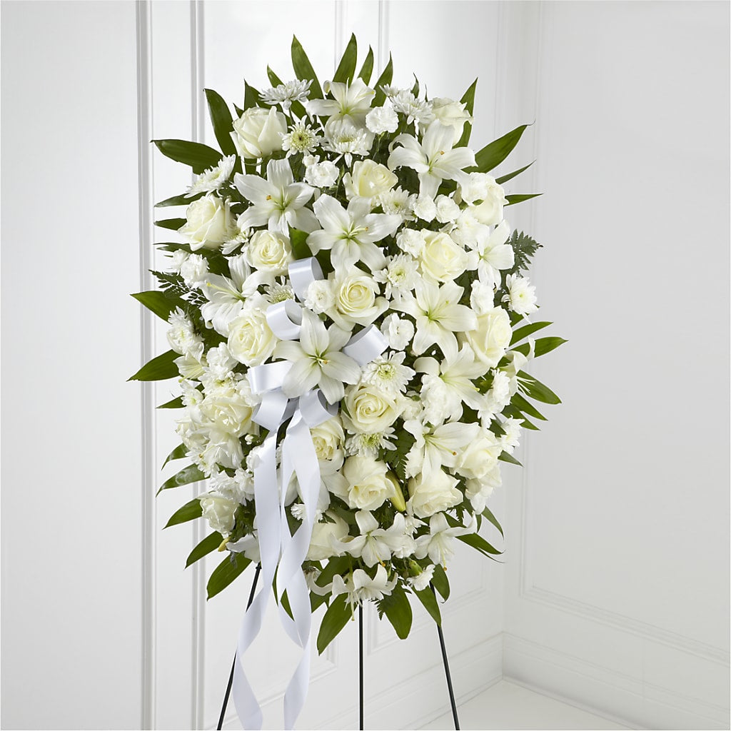 Exquisite Tribute Standing Spray-White Ribbon – PIERSON'S FLOWER SHOP & GREENHOUSES INC, Cedar Rapids IA